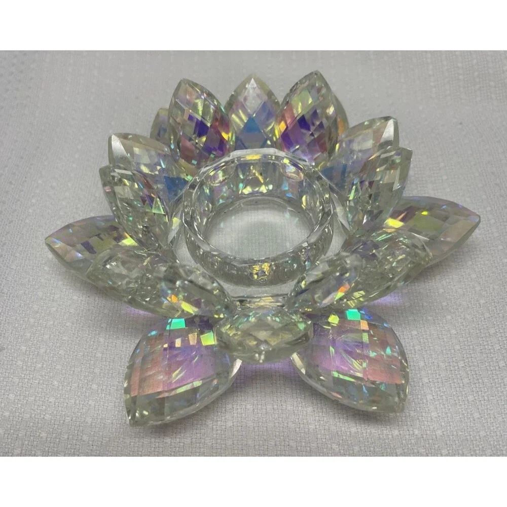 Iridescent Crystal Lotus Flower Candle Holder Rainbow Prism Boho Spiritual Decor